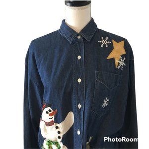 VINTAGE Backroad Blues Jean Shirt Christmas Embroidered Snowman Festive Holiday